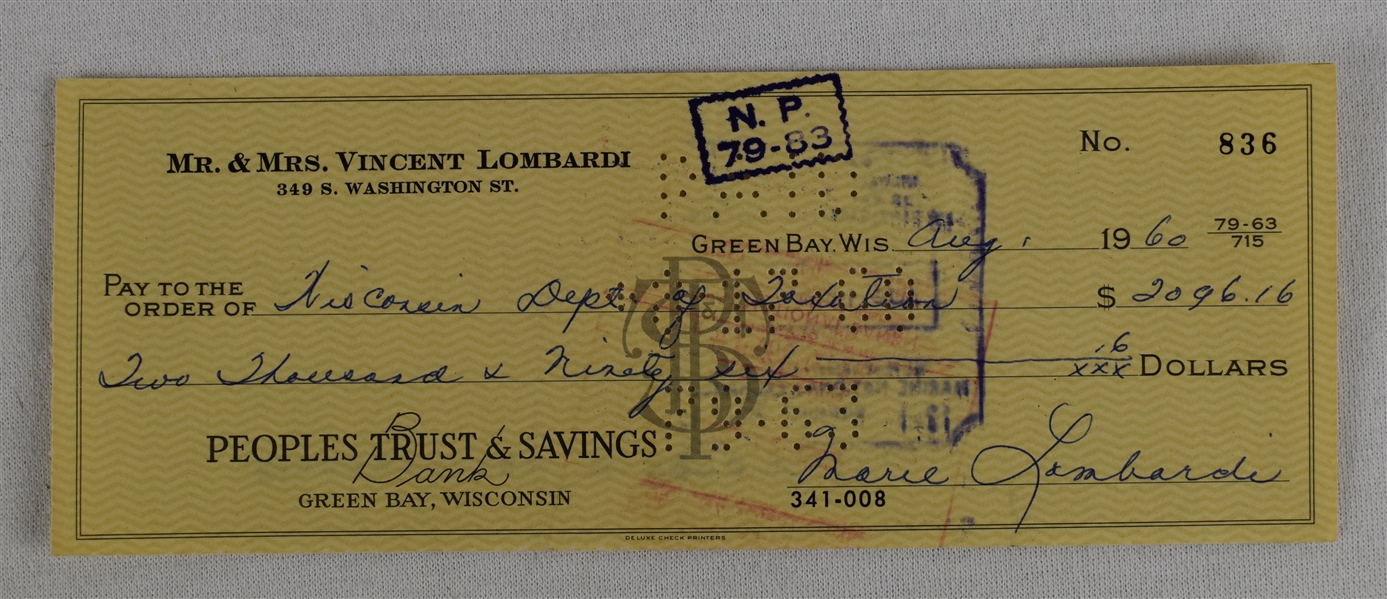Mrs. Vince Lombardi Signed Check #836 Dated August 1st 1960