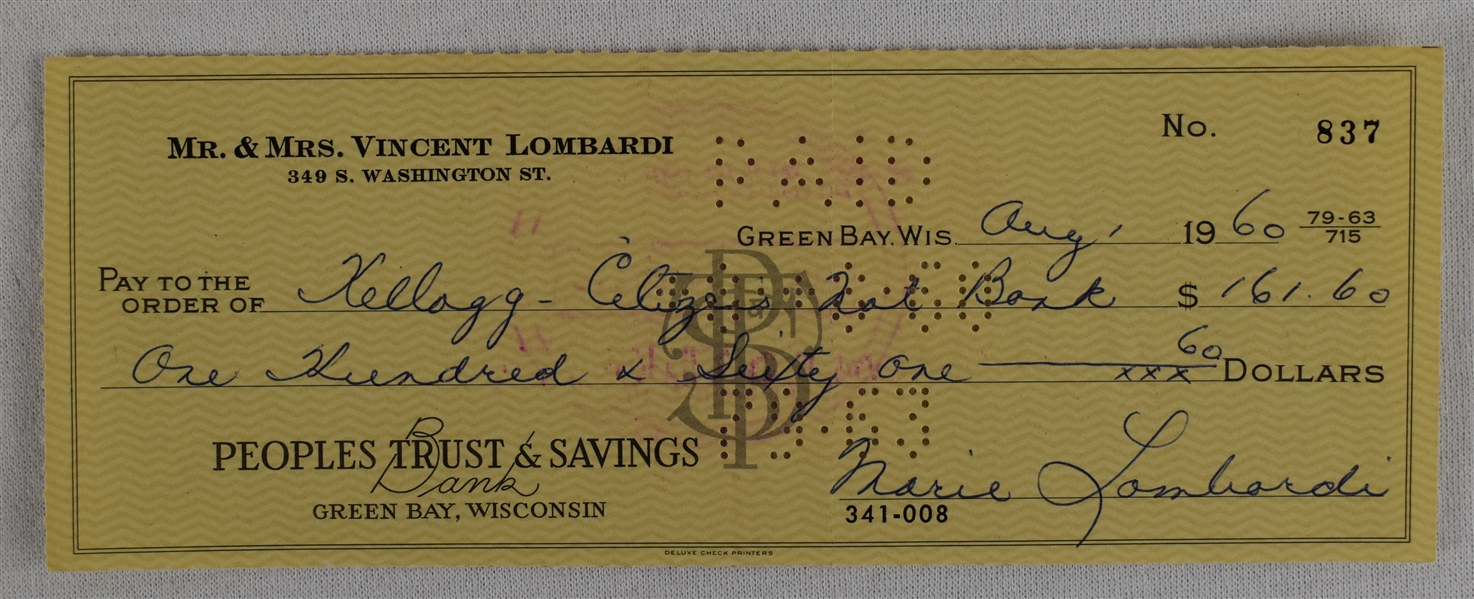 Mrs. Vince Lombardi Signed Check #837 Dated August 1st 1960