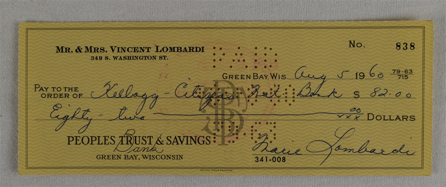 Mrs. Vince Lombardi Signed Check #838 Dated August 5th 1960