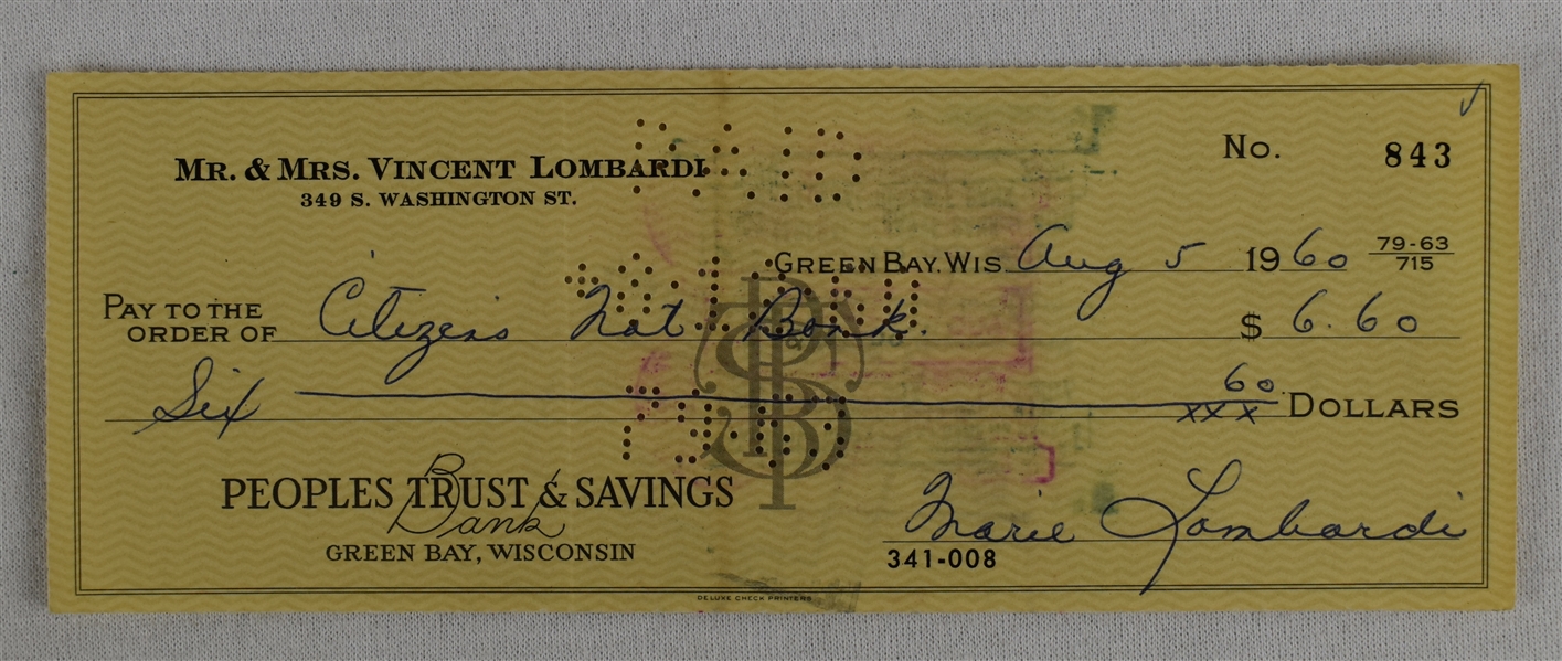 Mrs. Vince Lombardi Signed Check #843 Dated August 5th 1960