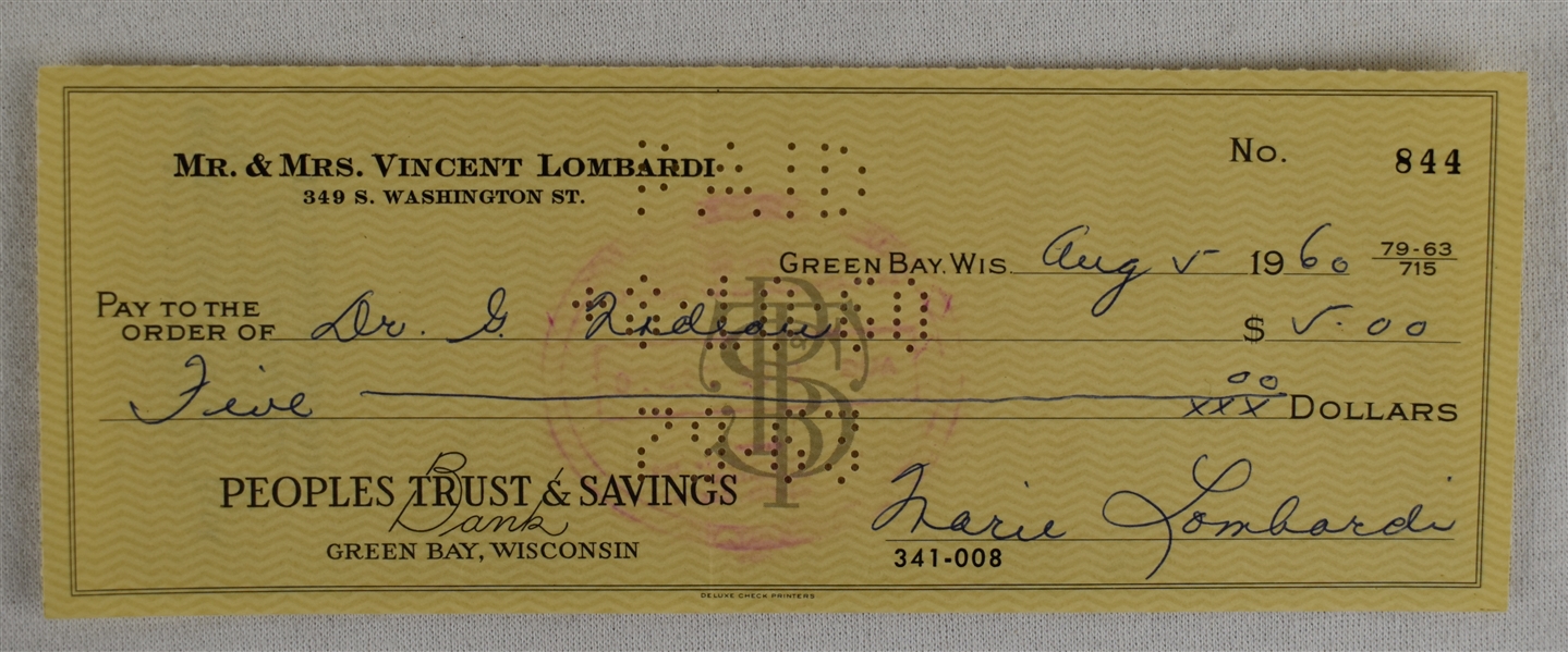 Mrs. Vince Lombardi Signed Check #844 Dated August 5th 1960
