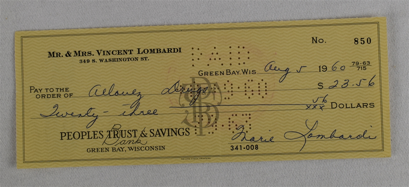 Mrs. Vince Lombardi Signed Check #850 Dated August 5th 1960