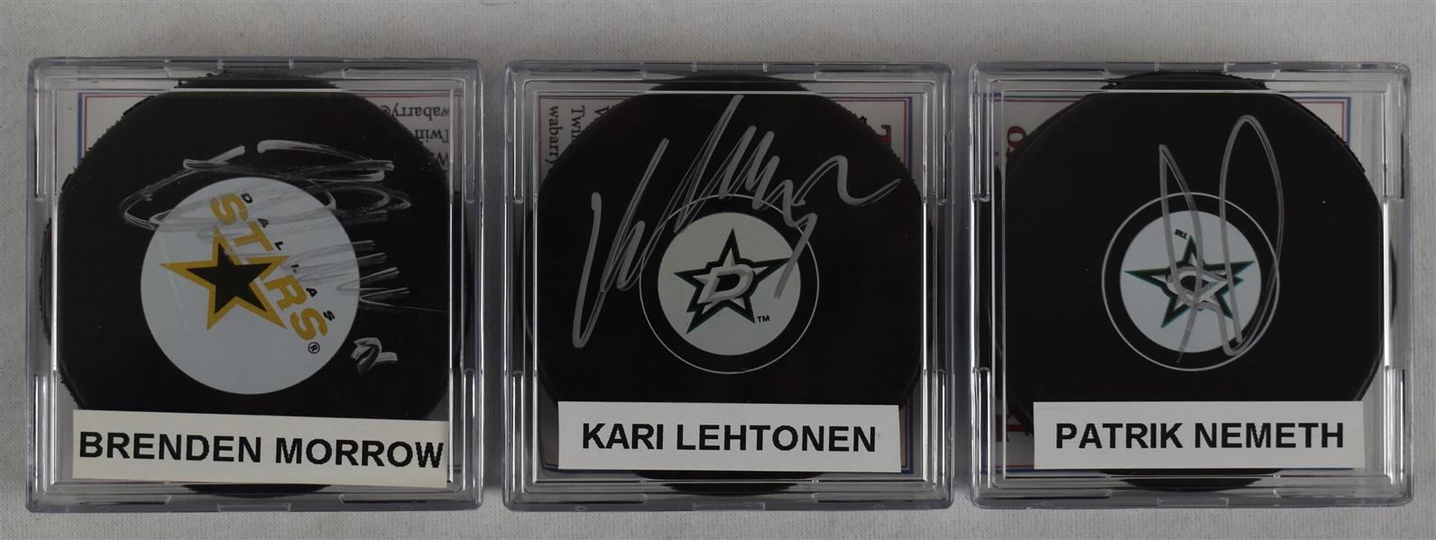 Lehtonen Morrow & Nemeth Lot of 3 Autographed Hockey Pucks w/Case