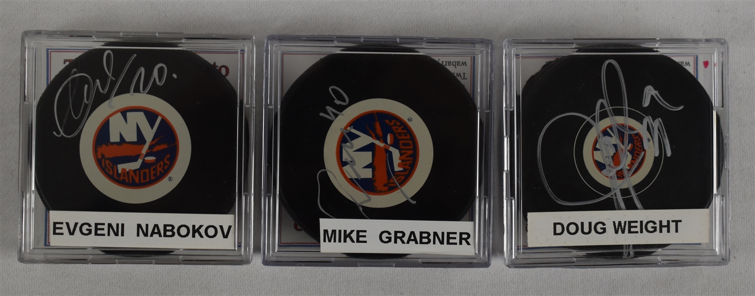 Grabner Weight & Nabokov Lot of 3 Autographed Hockey Pucks w/Case