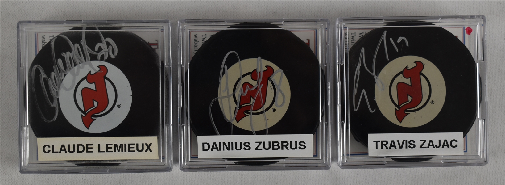 Zubrus Zajac & Lemieux Lot of 3 Autographed Hockey Pucks w/Case