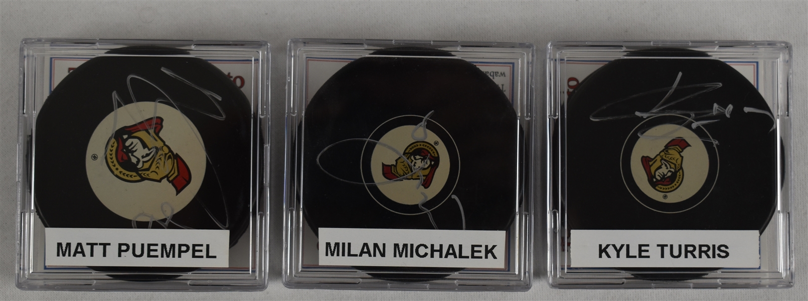 Michalek Turris & Puempel Lot of 3 Autographed Hockey Pucks w/Case
