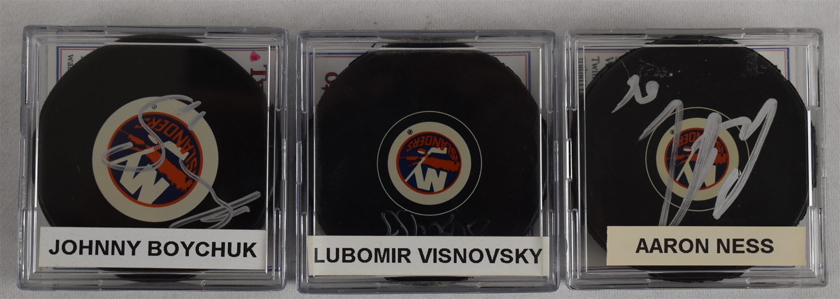 Boychuk Visnovsky & Ness Lot of 3 Autographed Hockey Pucks w/Case