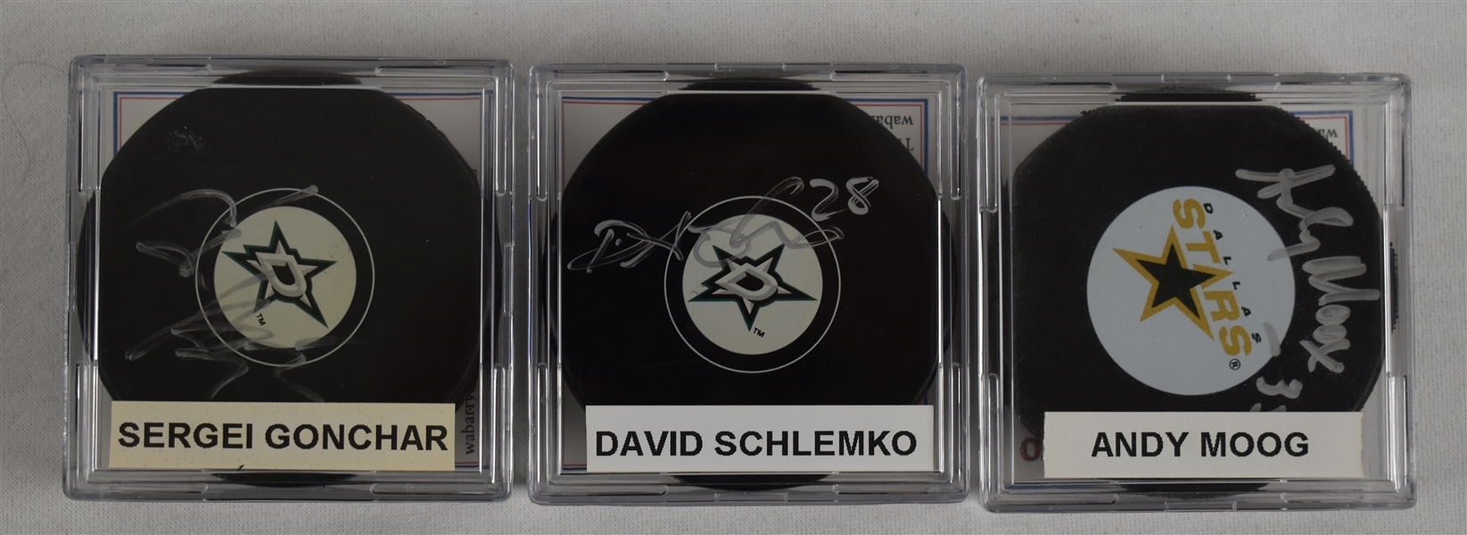 Schmelko Moog & Gonchar Lot of 3 Autographed Hockey Pucks w/Case