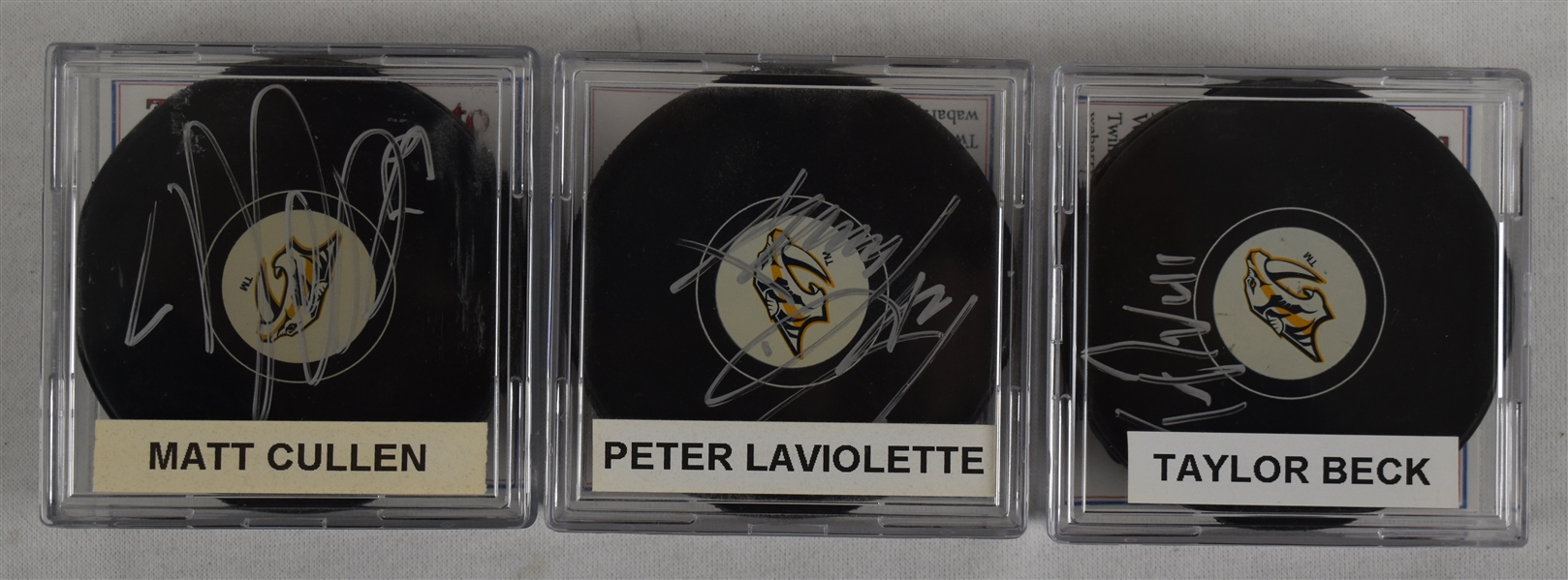 Laviolette Cullen & Beck Lot of 3 Autographed Hockey Pucks w/Case
