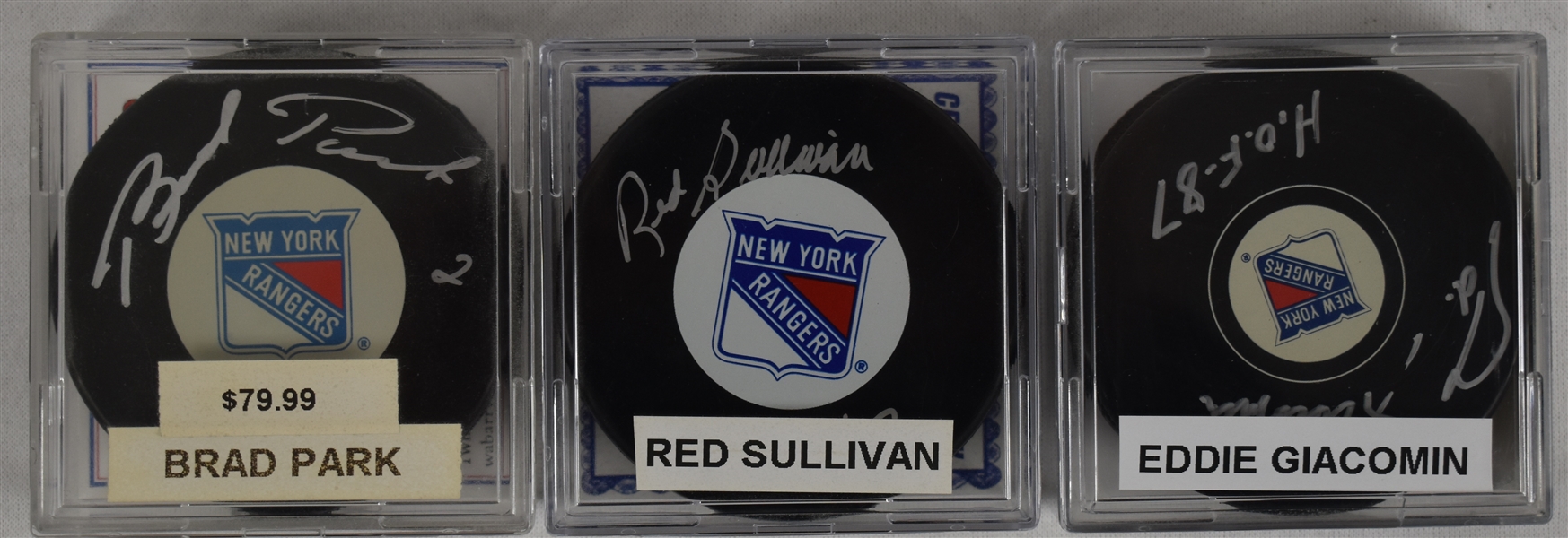 Giacomin Sullivan & Park Lot of 3 Autographed Hockey Pucks w/Case