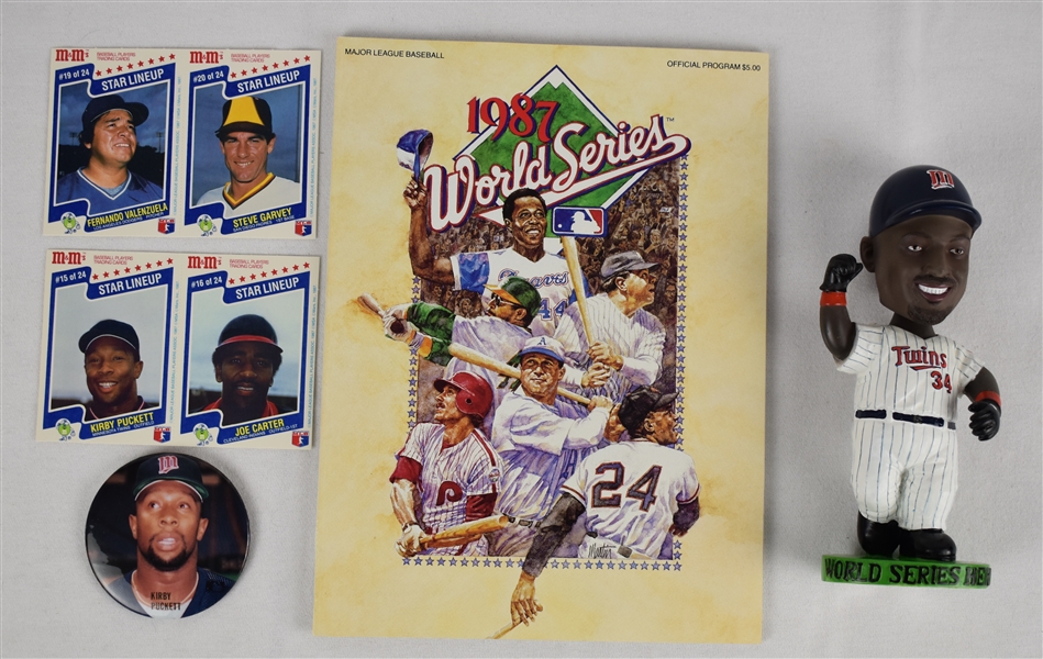 Kirby Puckett Collection w/Bobble Head Button 1987 Card & World Series Program