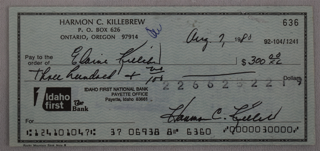 Harmon Killebrew Signed Check Dated August 7th 1980