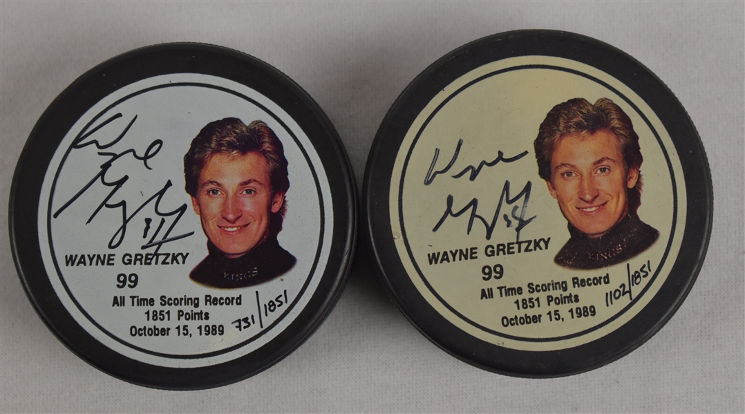 Wayne Gretzky Lot of 2 Autographed Limited Edition Hockey Pucks w/Case