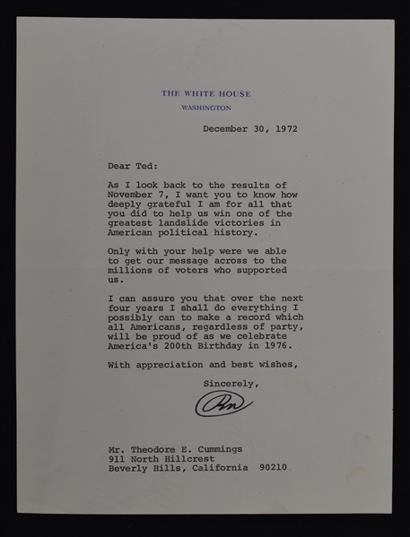 Richard Nixon Letter On White House Stationary Dated Dec. 30,1972 JSA LOA