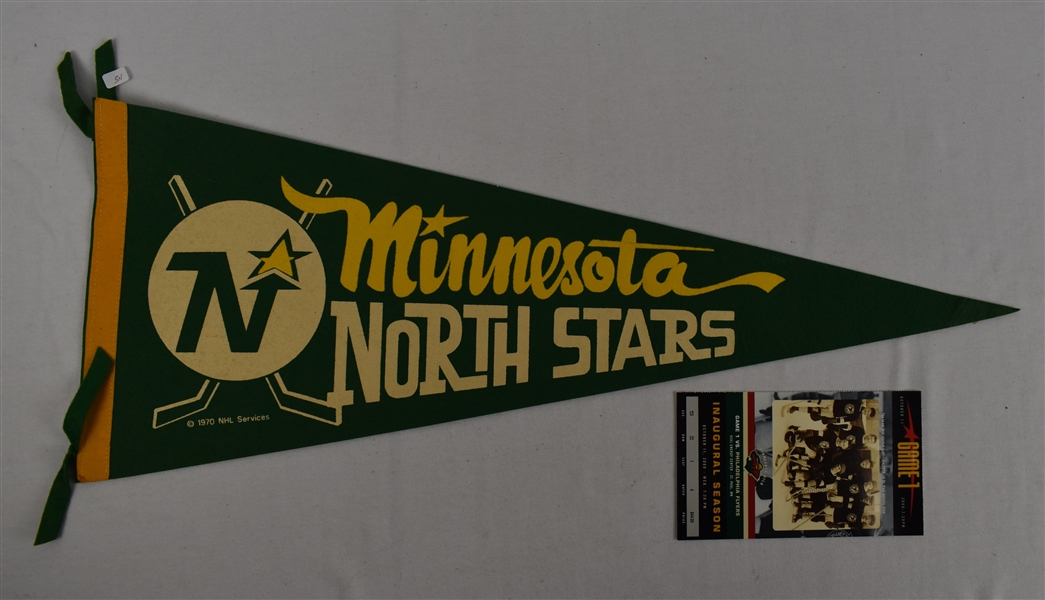 Minnesota North Stars Pennant & Minnesota Wild Inagural Game Ticket