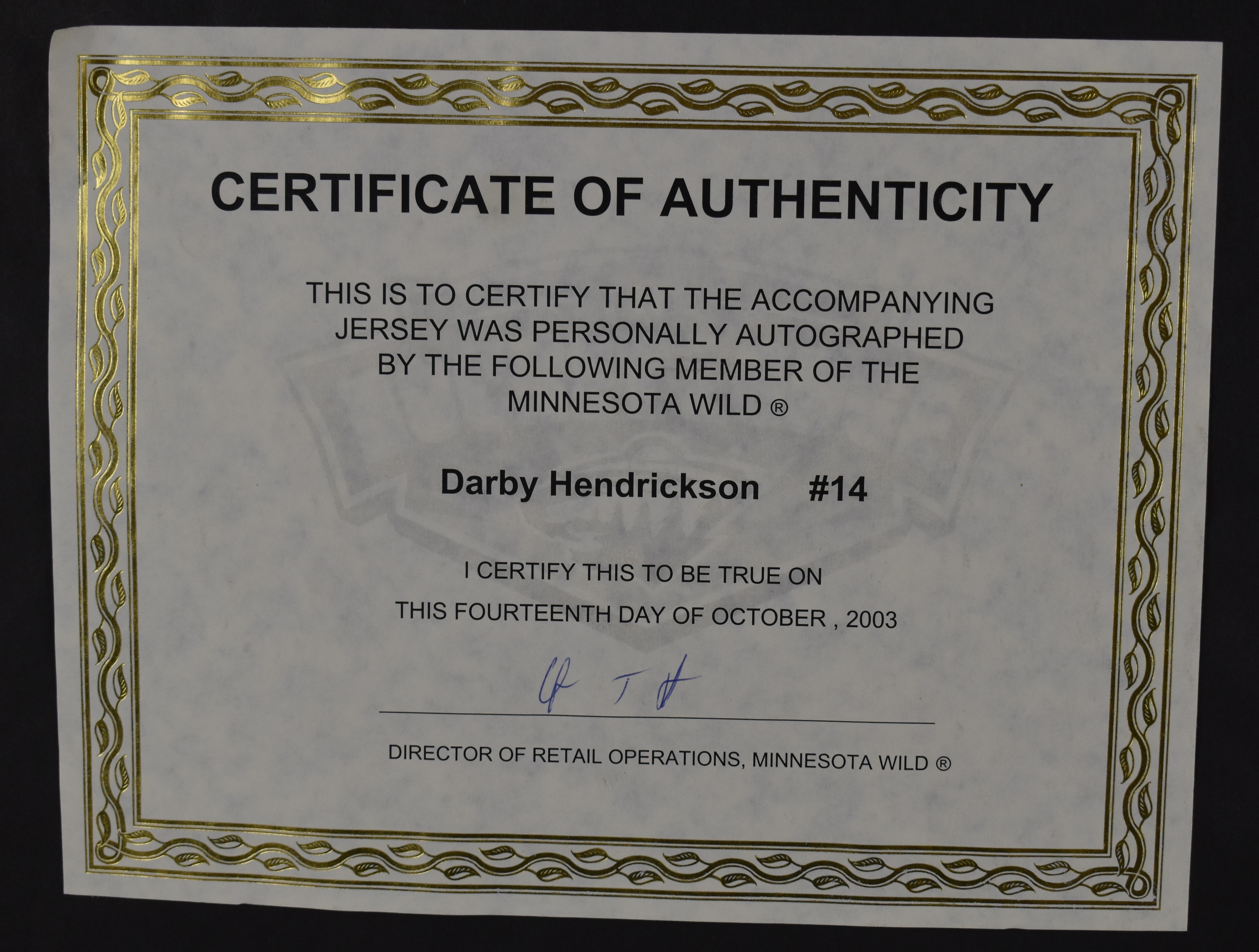 Lot Detail - Darby Hendrickson Autographed Framed Minnesota Wild Jersey