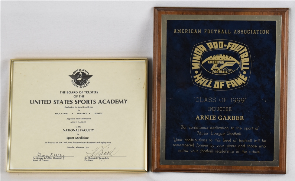 Arnie Garber 1999 AFA HOF Plaque & Certificate