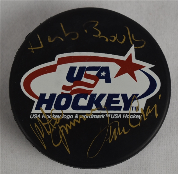 Herb Brooks Mike Eruzione & Jim Craig 1980 USA Gold Medal Signed Hockey Puck 2
JSA COA