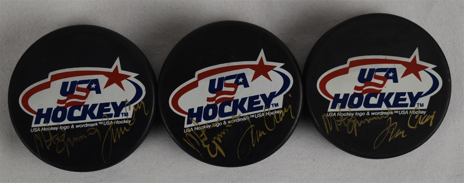 Mike Eruzione & Jim Craig Lot of 3 Autographed 1980 Olympic Hockey Pucks