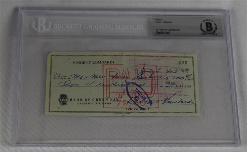 Vince Lombardi Signed 1963 Personal Check #200 BGS Authentic *Twice Signed Lombardi*