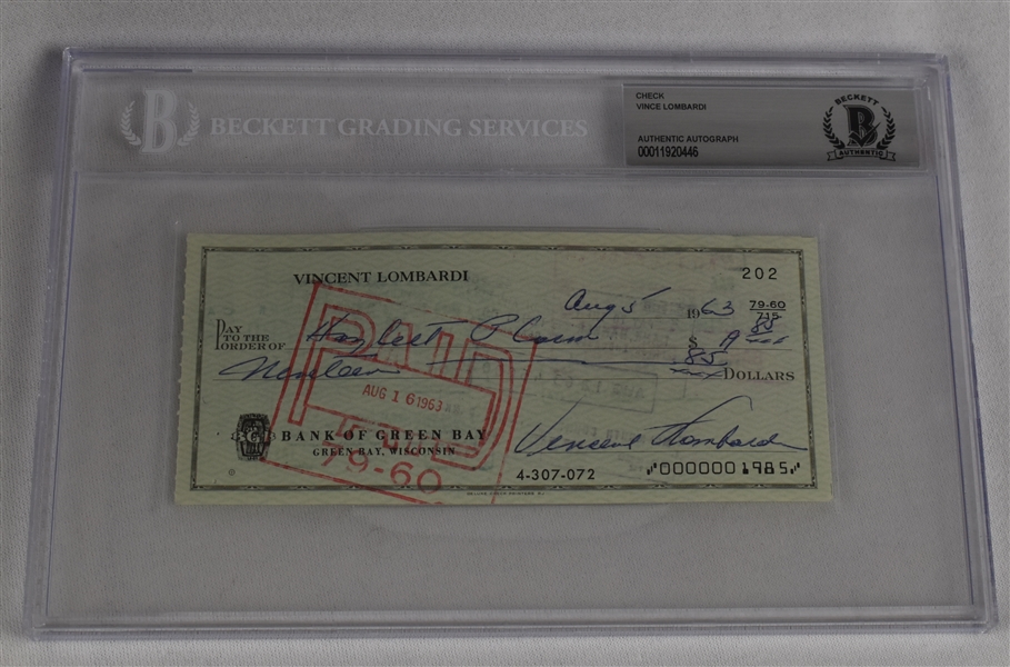 Vince Lombardi Signed 1963 Personal Check #202 BGS Authentic 