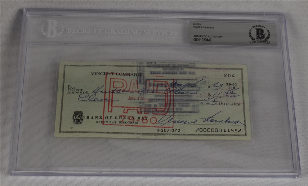 Vince Lombardi Signed 1963 Personal Check #204 BGS Authentic  