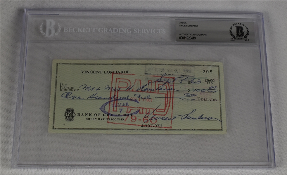 Vince Lombardi Signed 1963 Personal Check #205 BGS Authentic *Twice Signed Lombardi*