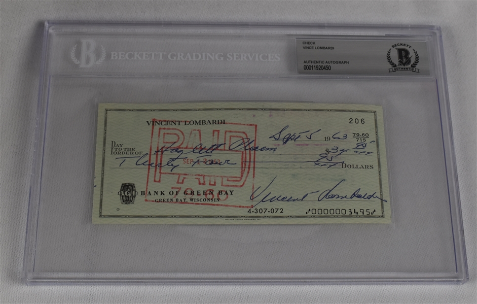 Vince Lombardi Signed 1963 Personal Check #206 BGS Authentic  