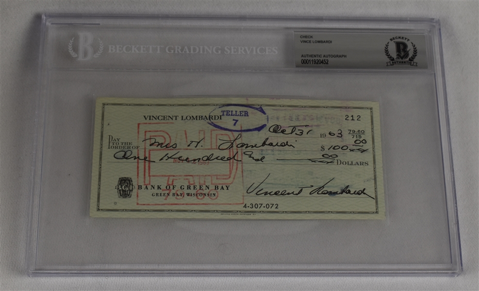 Vince Lombardi Signed 1963 Personal Check #212 BGS Authentic *Twice Signed Lombardi*