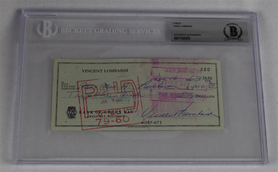 Vince Lombardi Signed 1963 Personal Check #220 BGS Authentic *Twice Signed Lombardi*