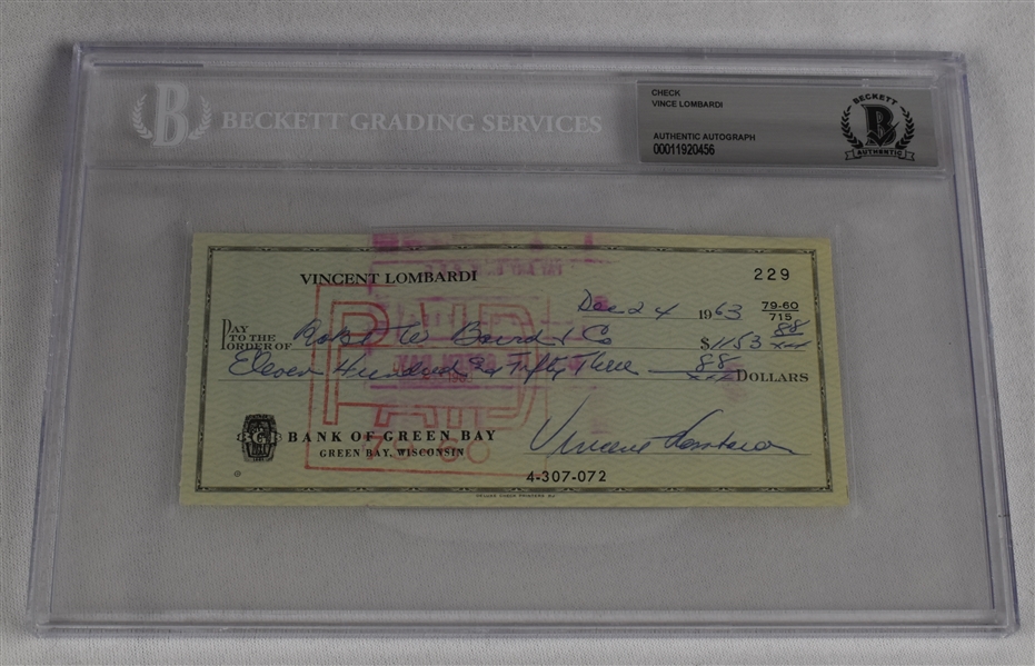 Vince Lombardi Signed 1963 Personal Check #229 BGS Authentic  