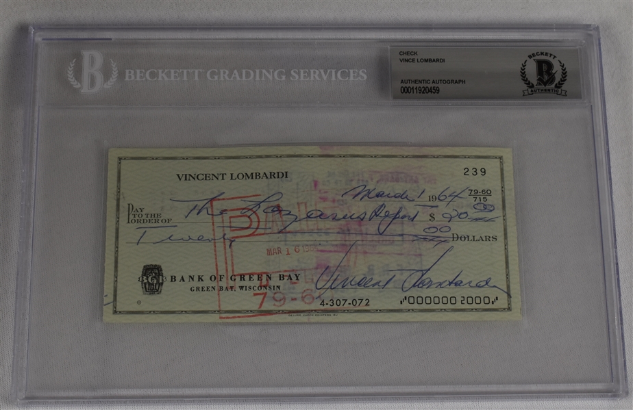 Vince Lombardi Signed 1964 Personal Check #239 BGS Authentic