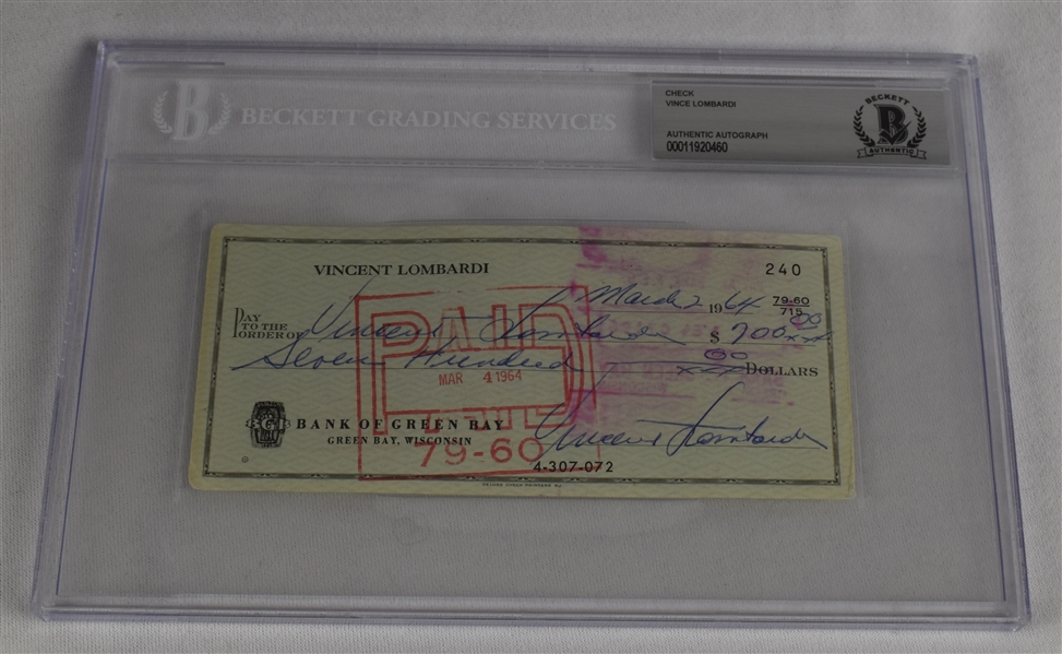 Vince Lombardi Signed 1964 Personal Check #240 BGS Authentic *Signed Vince Lombardi Three Times*