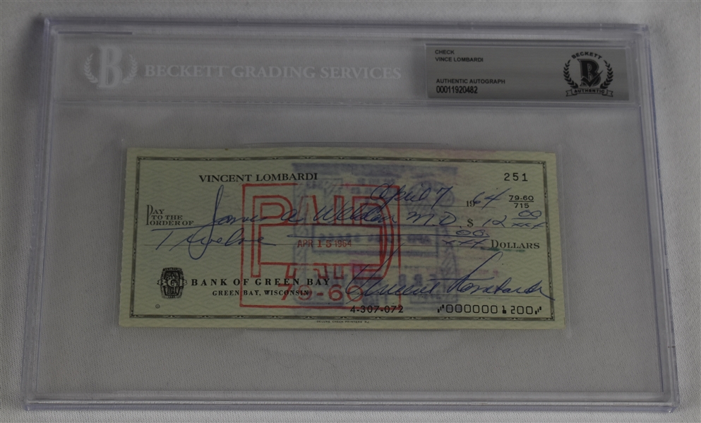 Vince Lombardi Signed 1964 Personal Check #251 BGS Authentic