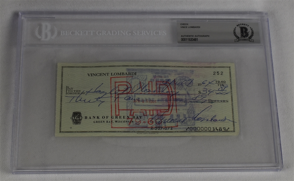Vince Lombardi Signed 1964 Personal Check #252 BGS Authentic
