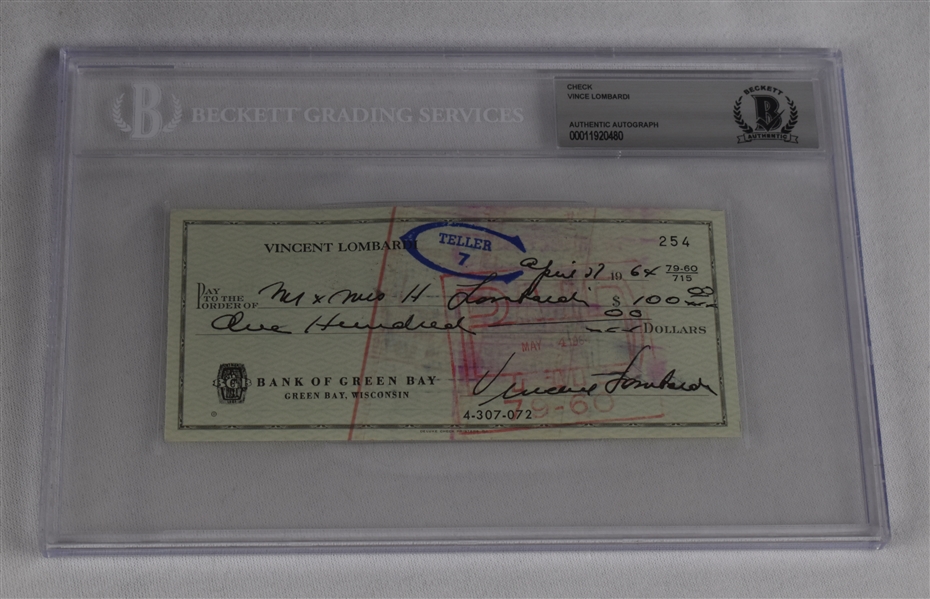 Vince Lombardi Signed 1964 Personal Check #254 BGS Authentic *Twice Signed Lombardi*