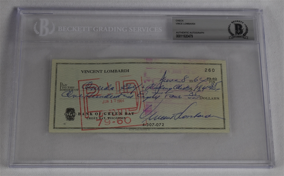 Vince Lombardi Signed 1964 Personal Check #260 BGS Authentic