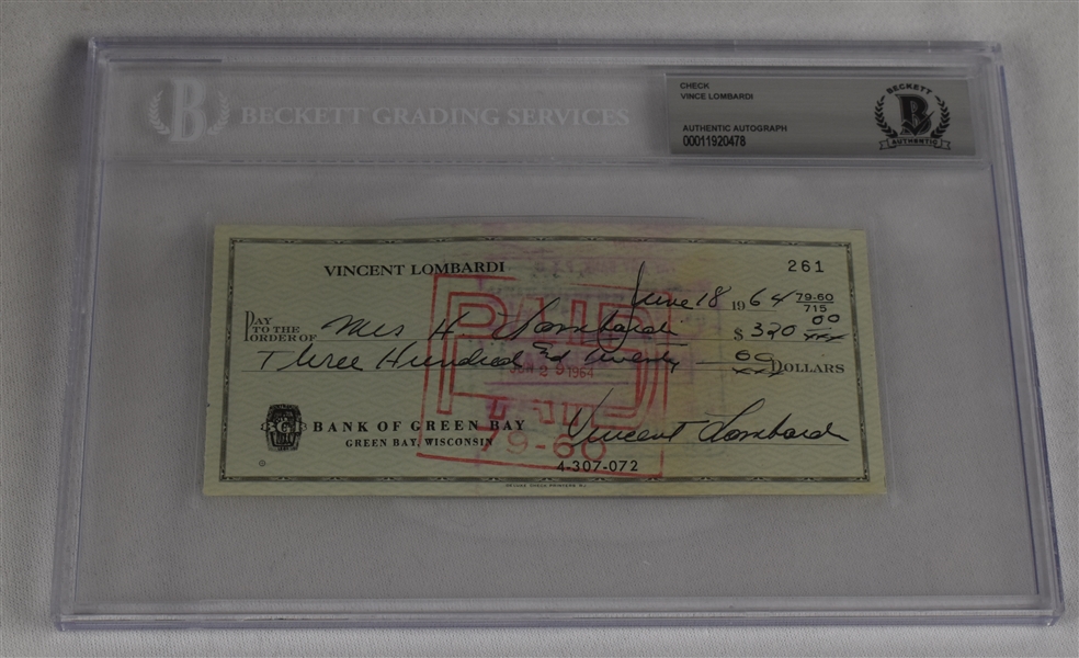 Vince Lombardi Signed 1964 Personal Check #261 BGS Authentic *Twice Signed Lombardi*