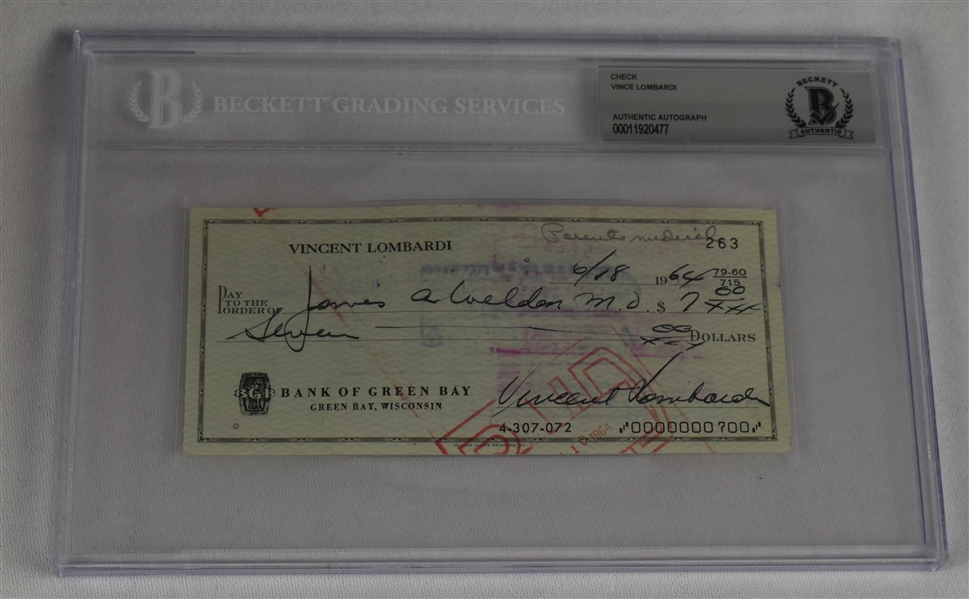 Vince Lombardi Signed 1964 Personal Check #263 BGS Authentic