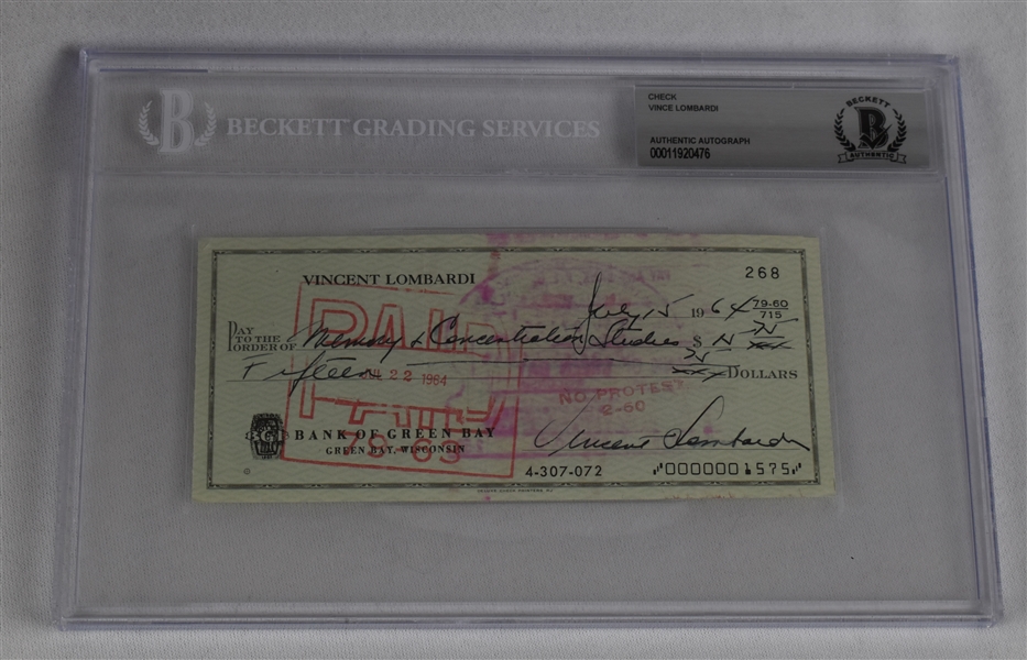 Vince Lombardi Signed 1964 Personal Check #268 BGS Authentic