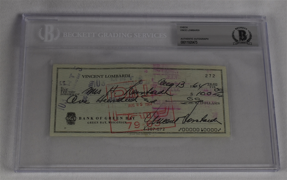 Vince Lombardi Signed 1964 Personal Check #272 BGS Authentic *Twice Signed Lombardi*