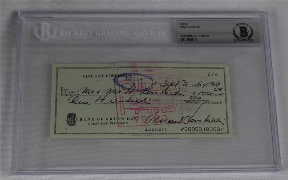 Vince Lombardi Signed 1964 Personal Check #274 BGS Authentic *Twice Signed Lombardi*