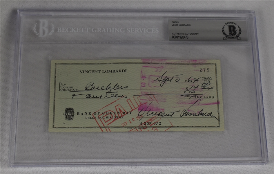 Vince Lombardi Signed 1964 Personal Check #275 BGS Authentic