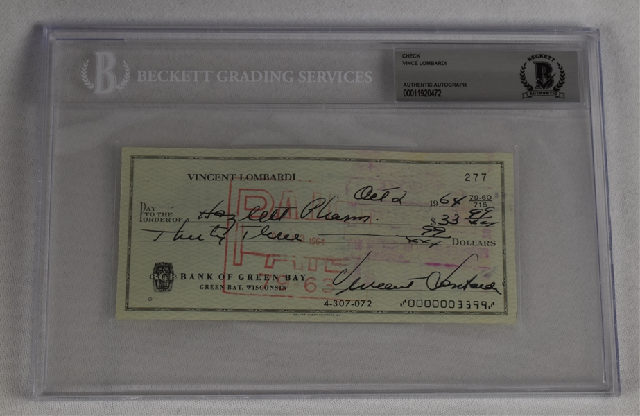 Vince Lombardi Signed 1964 Personal Check #277 BGS Authentic