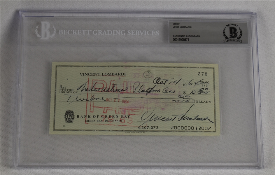 Vince Lombardi Signed 1964 Personal Check #278 BGS Authentic