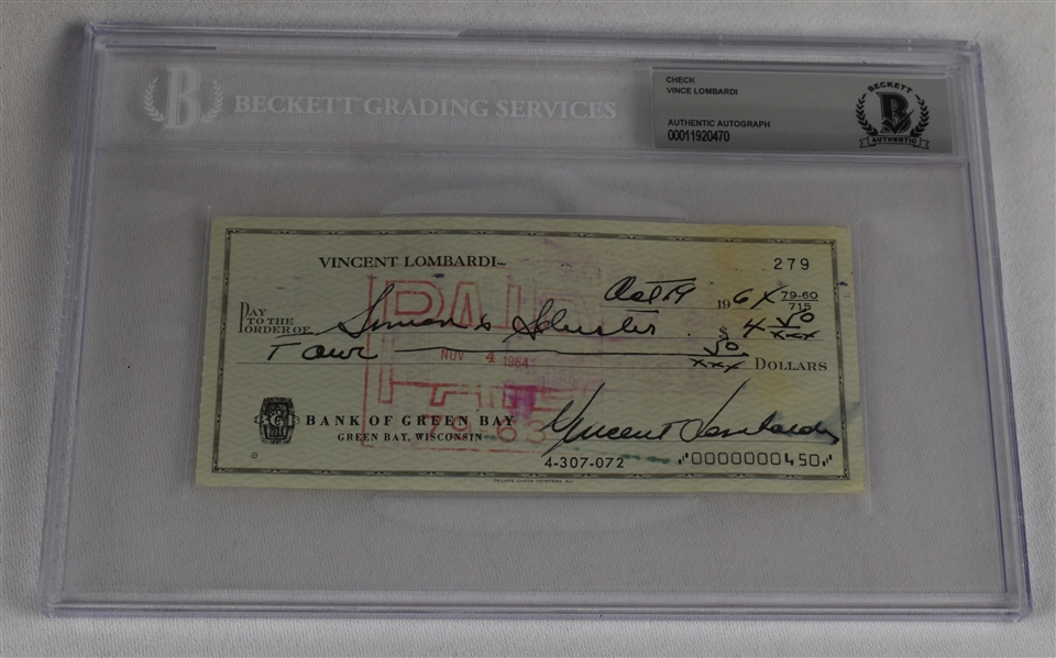 Vince Lombardi Signed 1964 Personal Check #279 BGS Authentic