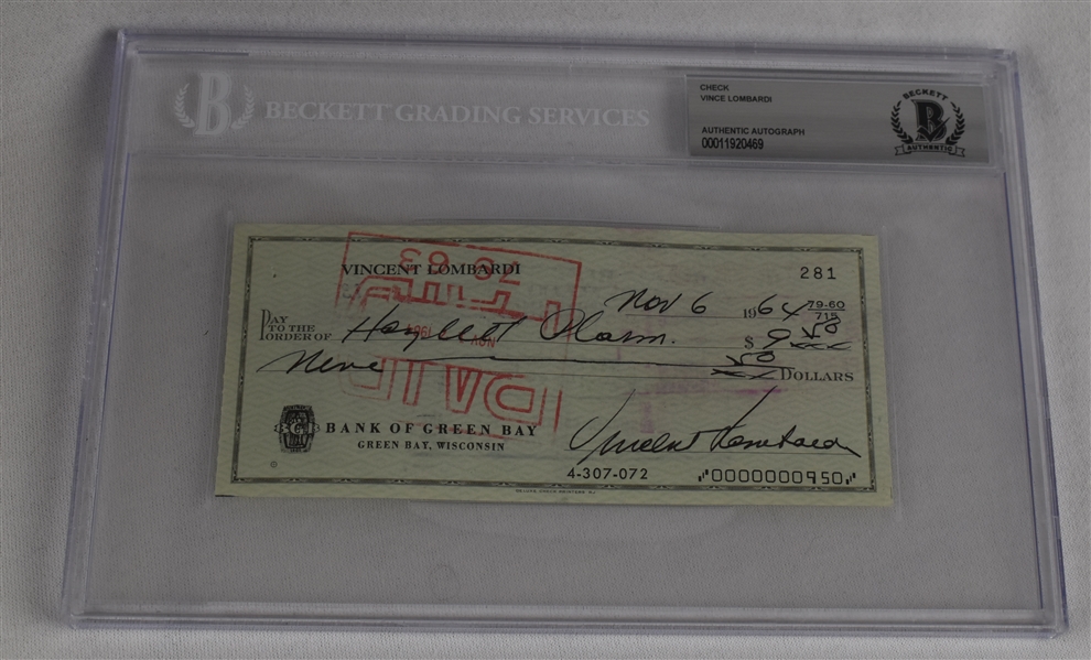 Vince Lombardi Signed 1964 Personal Check #281 BGS Authentic