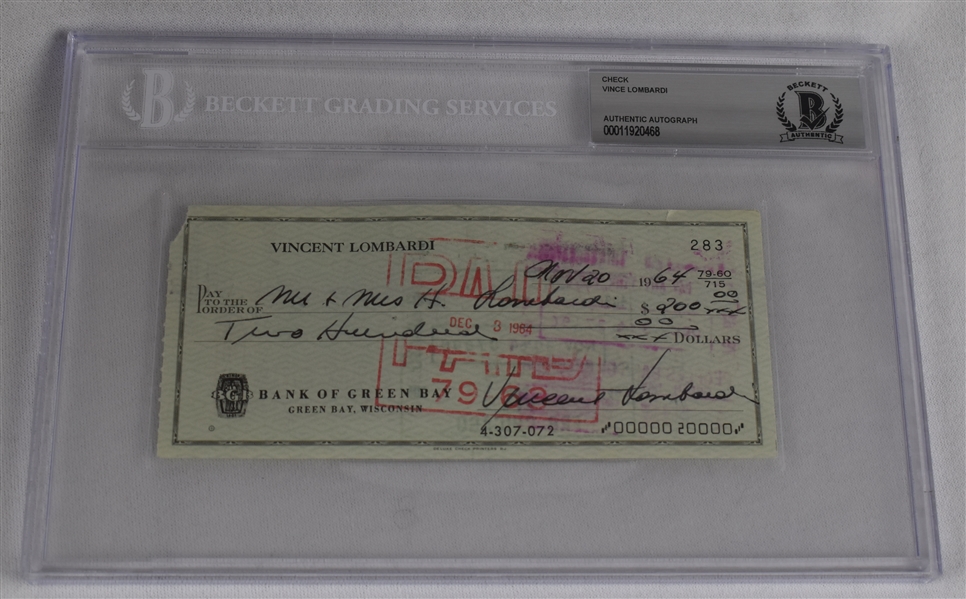 Vince Lombardi Signed 1964 Personal Check #283 BGS Authentic *Twice Signed Lombardi*