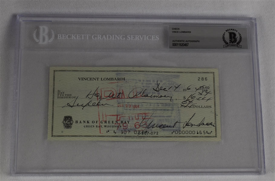 Vince Lombardi Signed 1964 Personal Check #286 BGS Authentic