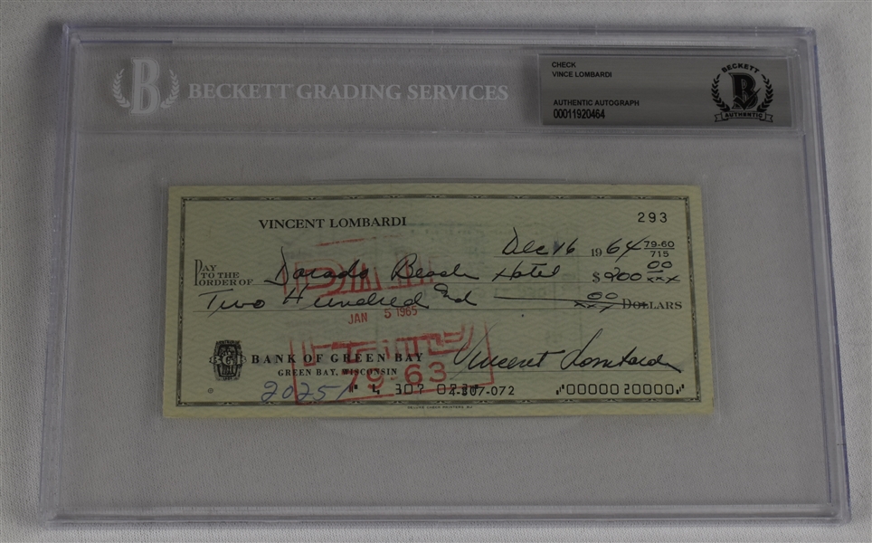 Vince Lombardi Signed 1964 Personal Check #293 BGS Authentic
